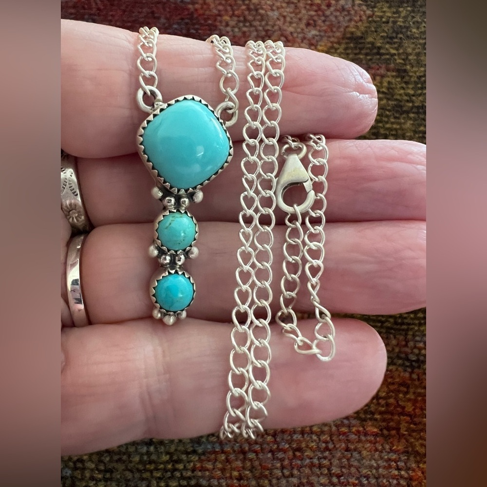 ❤️ Kingman Turquoise Brushed Sterling Southwestern 20” Adj Necklace 10 Gms